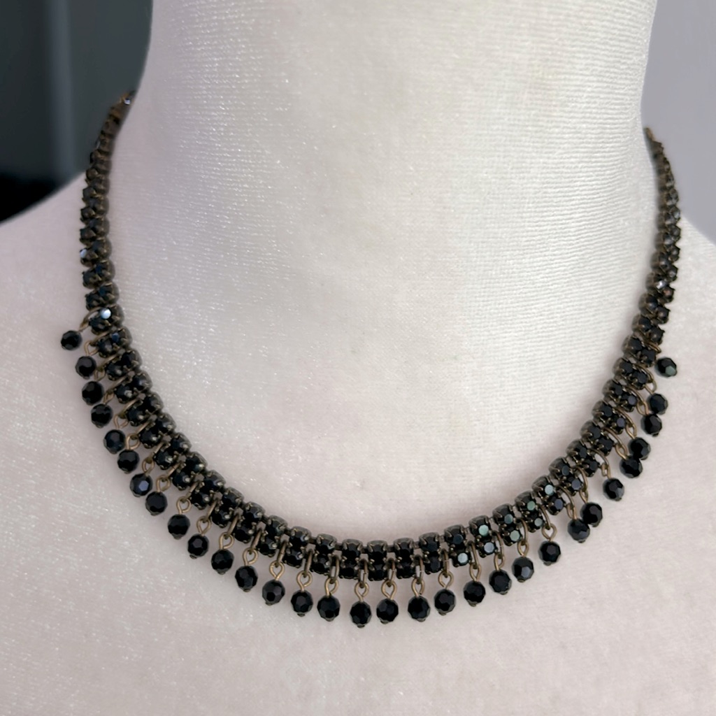 Vintage Liz Palacios Black Dangle Crystals Necklace Antiqued Bronze 15” Choker